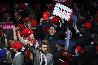 Trump supporters celebrate at the New York Hilton on Tuesday night.