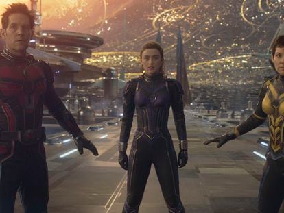 This image released by Disney shows Paul Rudd, from left, Kathryn Newton and Evangeline Lilly in a scene from 'Ant-Man and the Wasp: Quantumania.' (Disney/Marvel Studios via AP)