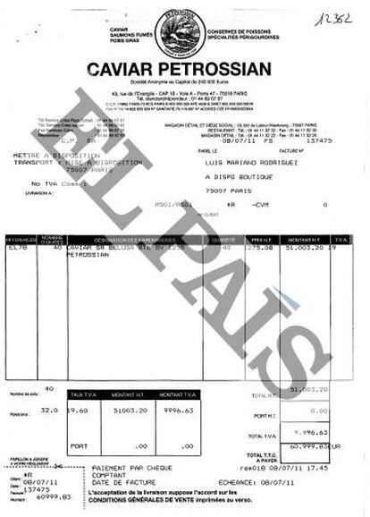 Bill for 40 tins of Beluga cavier paid for by alleged member of the Venezuelan corruption ring Luis Mariano Rodríguez.