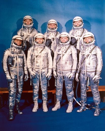 The group of astronauts known as the Mercury Seven. Top row, left to right: Alan Shepard, Gus Grissom and Gordon Cooper. Bottom: Walter Schirra, Deke Slayton, John Glenn and Scott Carpenter. 