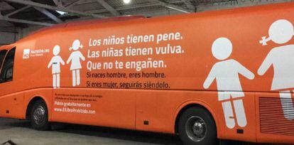 The bus of the Hazte Oír group with its anti-transgender message in Madrid earlier in March.