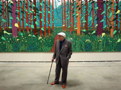 The British artist David Hockney visits his exhibition in the Guggenheim Museum, in Bilbao.