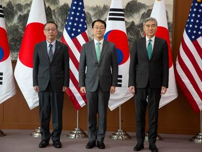 From left to right, Japanese nuclear envoy Takehiro Funakoshi, chief South Korean nuclear negotiator, Kim Gunn, and Sung Kim, the U.S. special representative to North Korea pose together before their three-way meeting at the Foreign Ministry in Seoul, South Korea, Friday, April 7, 2023.