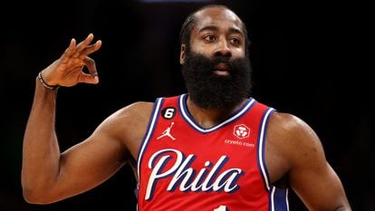 James Harden #1 of the Philadelphia 76ers celebrates after hitting a three point shot against the Philadelphia 76ers during the second half in game one of the Eastern Conference Second Round Playoffs at TD Garden on May 01, 2023 in Boston, Massachusetts.
