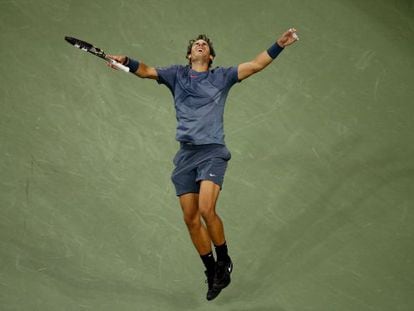 Nadal celebrates his win over Djokovic in the US Open final on Monday night.