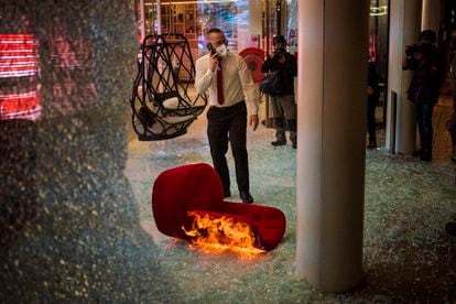 A hotel lobby in Barcelona damaged in Saturday‘s protest.