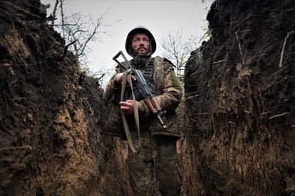 A soldier of the 63rd Infantry Brigade in a front line trench. 