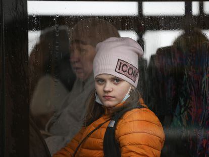 Displaced Ukrainians on a train in Medyka, on the border with Poland, March 2 2022.