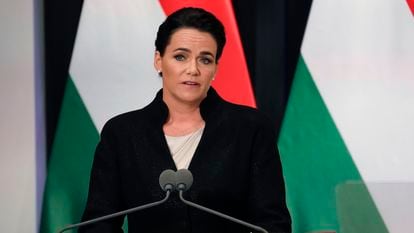 Hungarian President Katalin Novàk delivers her speech during Pope Francis' meeting with the authorities, civil society, and the diplomatic corps in the former Carmelite Monastery in Budapest, Hungary, April 28, 2023.
