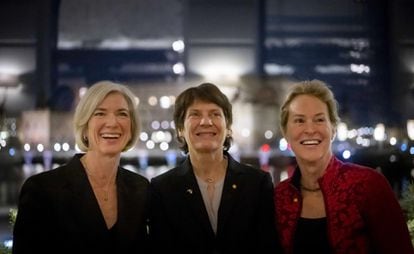 Nobel laureates in chemistry Jennifer Doudna, Carolyn Bertozzi and Frances Arnold in Stockholm on December 8. 
