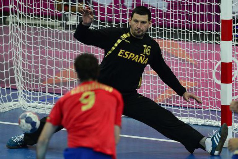 Spanish goalkeeper Arpad Sterbik plays against France at this summer's London Olympics.