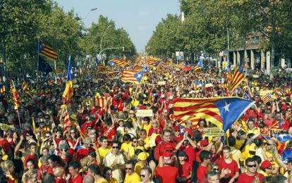 Demonstrators pack the streets of Barcelona to call for independence in the Catalonia region.