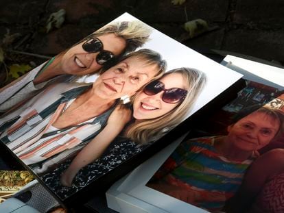 Photos of Sara Lee Swoveland, center in the left image, and her family are seen in Colorado Springs, Colorado, on Oct. 19, 2023.