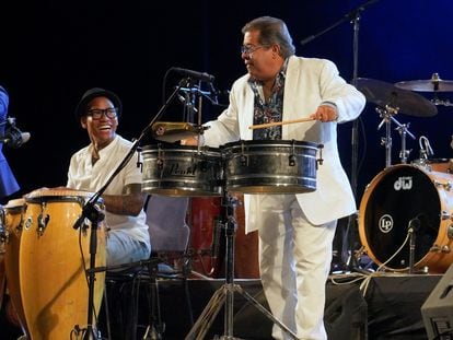 Percussionists Pedrito Martínez, left, and Giosvanni Hidalgo, during a performance at the Jazz Plaza Festival last week.