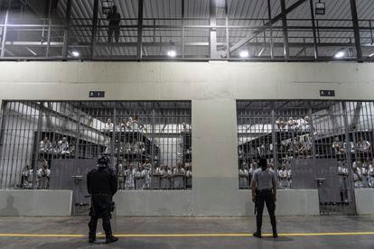 An exterior view of two cells full of inmates at the prison.