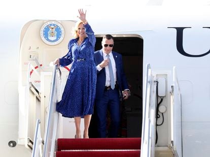 First Lady of the United States Jill Biden, waves as she arrives in Nairobi, Kenya, Friday, February24, 2023 for a visit to the country.