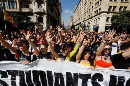 Thousands of students joined the protest in the center of Barcelona.