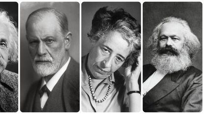 From left, Albert Einstein, Sigmund Freud, Hannah Arendt and Karl Marx.