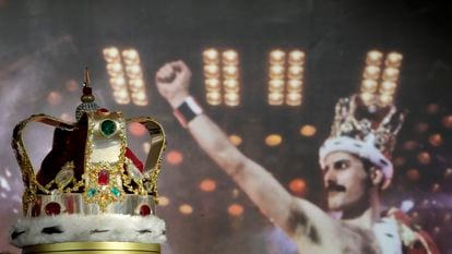 Freddie Mercury's signature crown worn throughout the 'Magic' Tour, on display at Sotheby's auction rooms in London, Thursday, Aug. 3, 2023