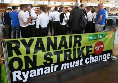Belgium-based Ryanair pilots gather at Charleroi Airport as part of a European-wide strike.