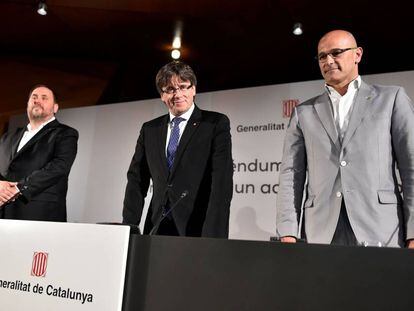 Oriol Junqueras, Carles Puigdemont and Raul Romeva in Madrid on Monday.