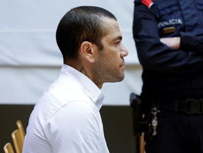 Brazil soccer player Dani Alves sits in court during the first day of his trial in Barcelona, Spain, February 5, 2024.