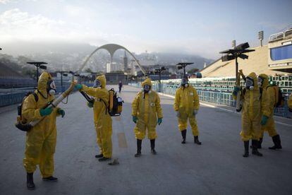 Fumigation against the mosquito that carries Zika at the sambadrome in Rio in January.