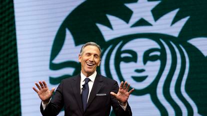 Starbucks CEO Howard Schultz speaks at the Starbucks annual shareholders meeting in Seattle.