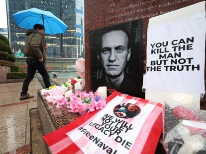 Tributes to late Russian opposition leader Alexei Navalny in front of a monument carrying a work of the late Russian poet Alexander Pushkin, in Seoul, South Korea, 20 February 2024.