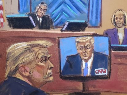 E. Jean Carroll testifies at Manhattan Federal Court in New York City, January 17, 2024 in this courtroom sketch.