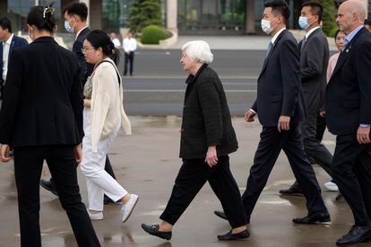 Treasury Secretary Janet Yellen, center, walks after arriving at Beijing Capital International Airport in Beijing, China, Thursday, July 6, 2023.