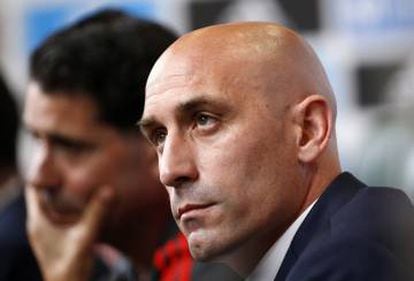 Luis Manuel Rubiales speaks to the media after appointing Fernando Hierro as the new head coach.
