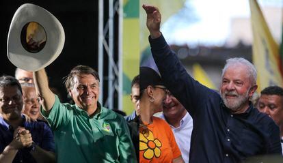 President Jair Bolsonaro (left), during a campaign rally in Guarulhos, and former president Lula da Silva during a march in Porto Alegre.