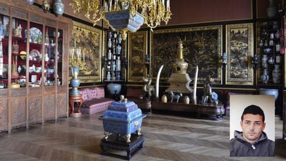 Asian artwork in the Palace of Fontainebleau and a police photo of suspect Juan María Gordillo Plaza.