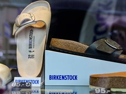Birkenstock sandals in a store window at the company's store in Berlin on February 26, 2021.