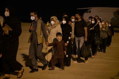 The first plane of evacuated Afghans and Spanish nationals arrives at the Torrejón de Ardoz military base on Thursday.