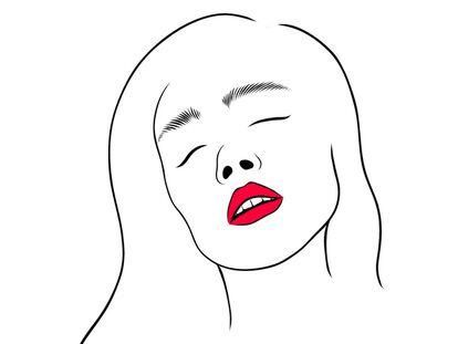 Woman with open mouth, with red  lips. Line art hand drawn vector illustration