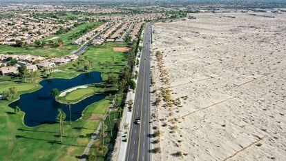 A residential estate with golf course in the middle of the desert in Palm Springs, California.