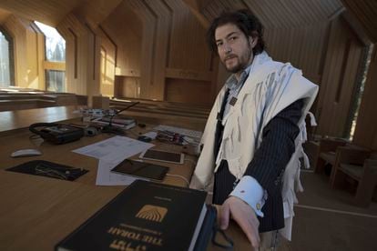 Rabbi Joshua Franklin stands inside the sanctuary at the Jewish Center of the Hamptons in East Hampton, New York on Feb. 10, 2023.