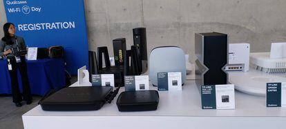 Market-ready Wi-Fi 7 compatible routers and devices are showcased at Qualcomm's headquarters in San Diego, California.