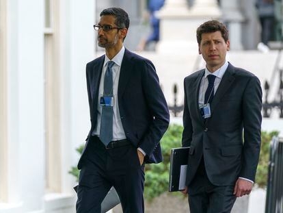 Alphabet CEO Sundar Pichai, left, and OpenAI CEO Sam Altman arrive to the White House for a meeting with Vice President Kamala Harris on artificial intelligence, on May 4, 2023, in Washington.