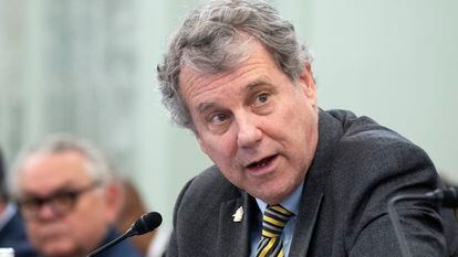 Senator Sherrod Brown testifies before a Senate Commerce, Science, and Transportation Committee hearing in Washington, on March 22, 2023.