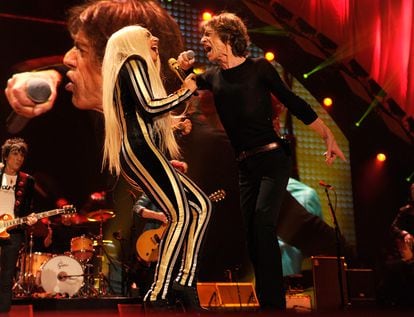Lady Gaga and Mick Jagger at a Rolling Stones concert on December 15, 2012 in New Jersey.