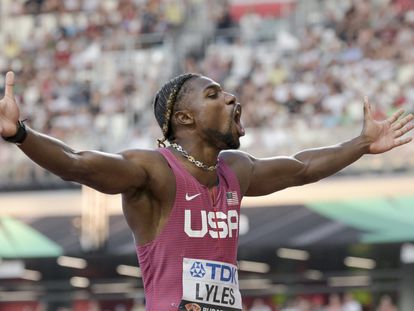 Noah Lyles, after winning the 100-meter race at the 2023 World Athletic Championships in Budapest, Hungary.