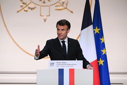French President Emmanuel Macron gestures as he gives a speech to outline France's revamped strategy for Africa ahead of his visit in Central Africa, at the Elysee Palace in Paris, France, 27 February 2023.