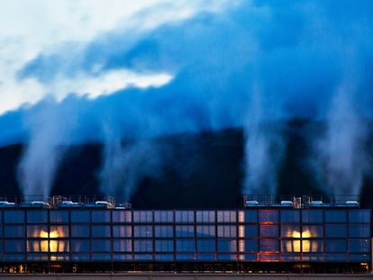 Columns of steam emerge from Google’s hyper data center in The Dalles, Oregon.