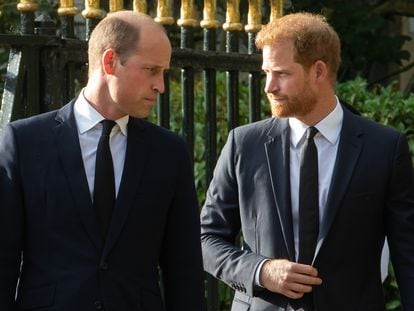 Princes William and Harry of England, during the funeral events of their grandmother, Elizabeth II, in Cambridge, on September 10, 2022.