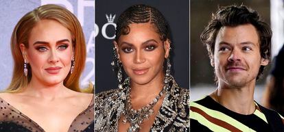 This combination of photos shows top nominees for the Gramy Awards, from left, Adele, Beyonce and Harry Styles.