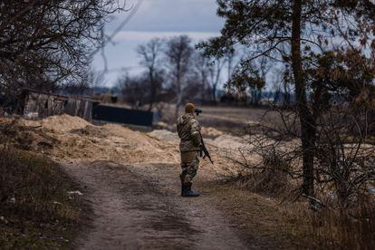 An Ukrainian serviceman in Brovary on March 6.