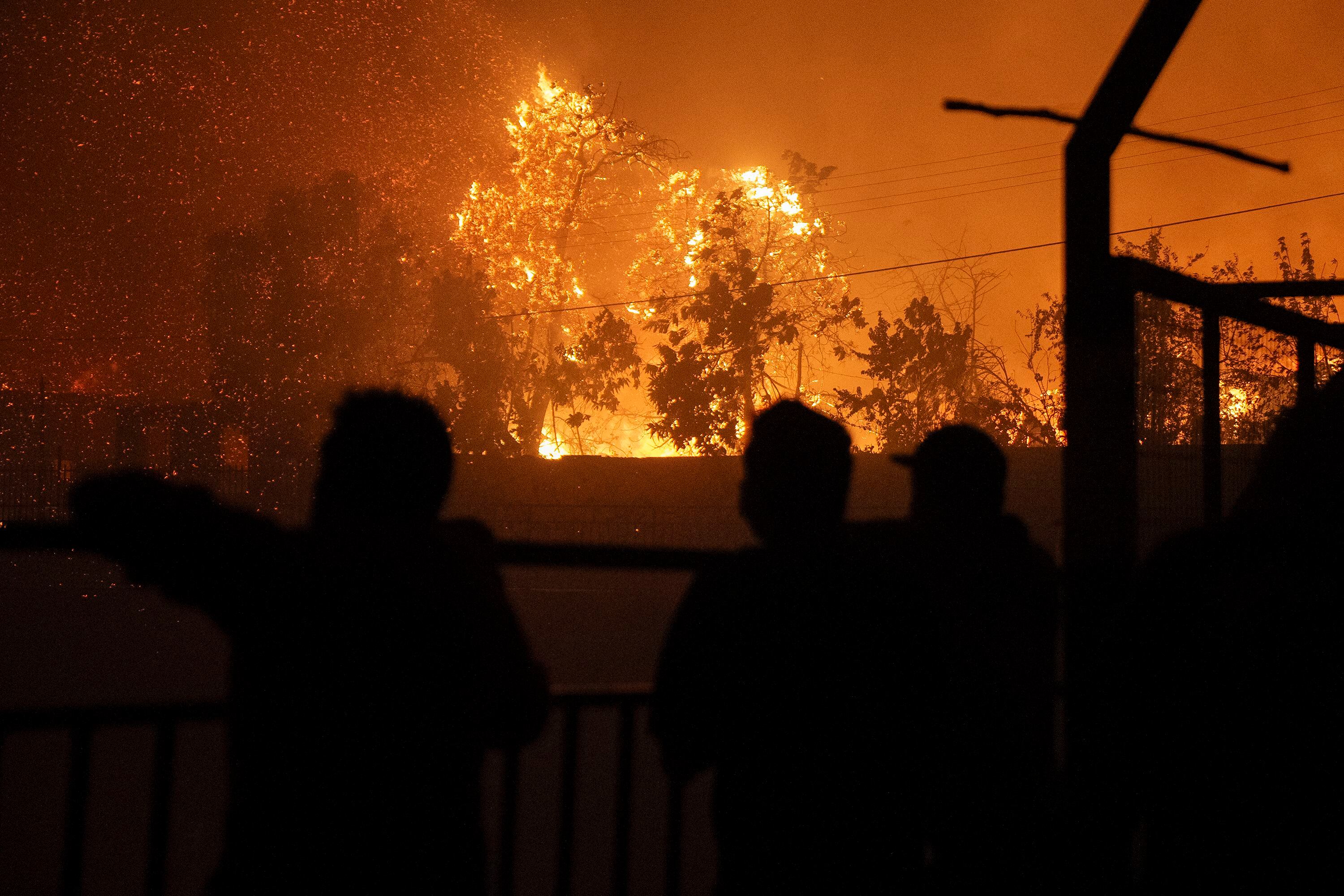 People observe a fire in the Peñuelas Lake nature reserve, on February 2.
